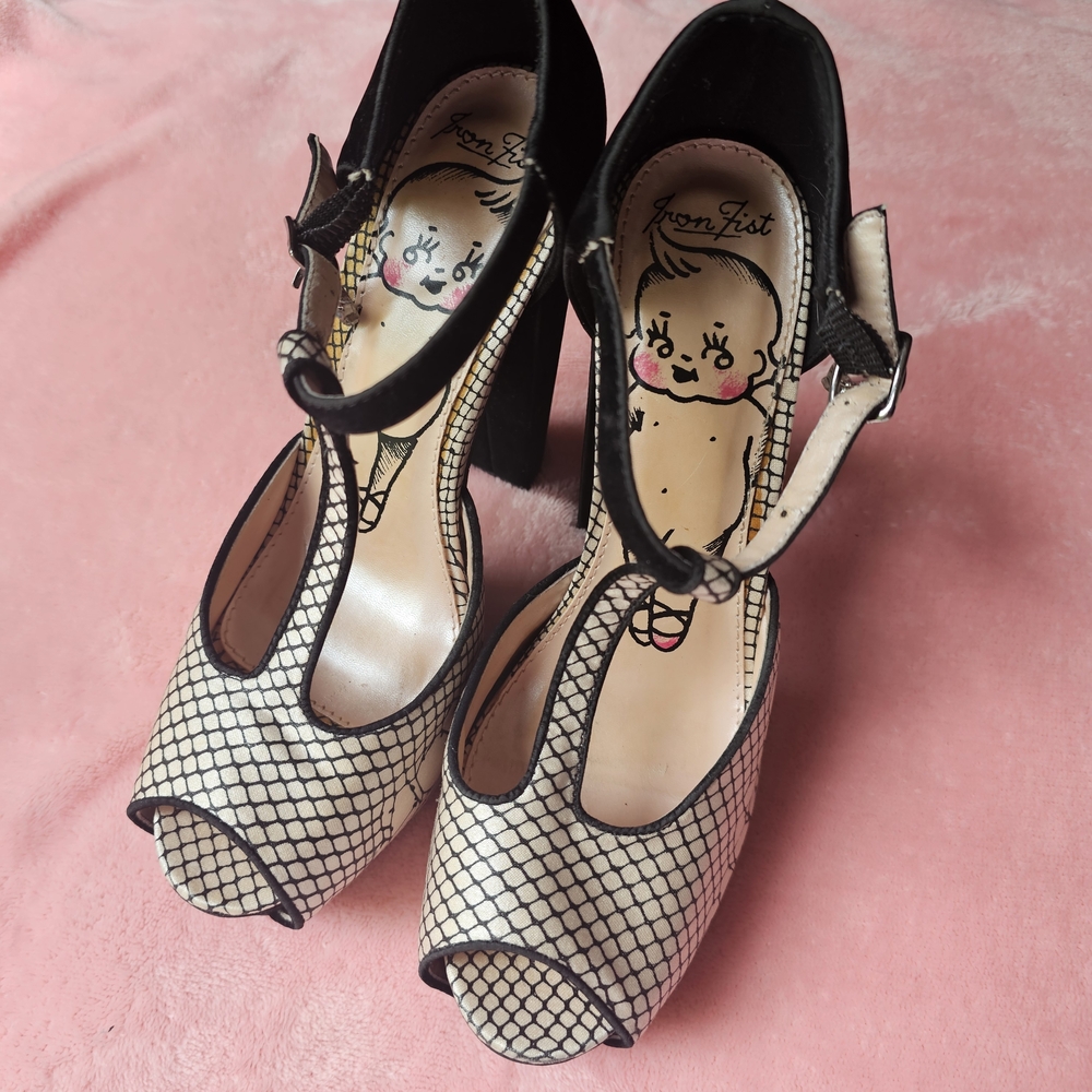 Iron Fist Kewpie Black & White Fishnet Design Chunky Heel with Black Velvet Goth